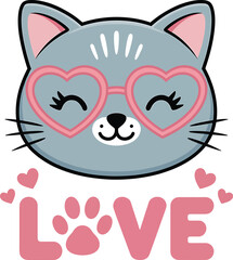 Fototapeta premium Cute gray cartoon cat head wears pink heart shaped glasses with the word LOVE