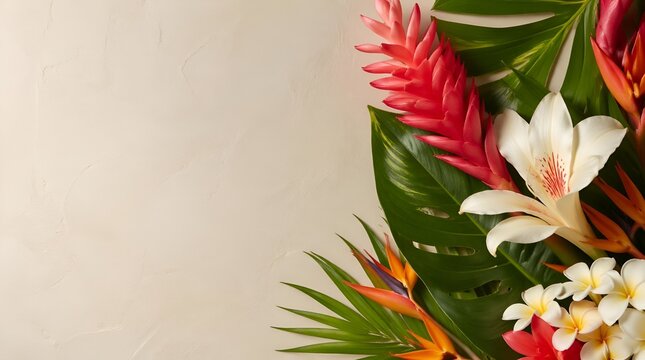Tropical flowers and lush exotic leaves arranged as a vibrant corner border on a textured neutral background, providing elegant copy space for summer vacation.