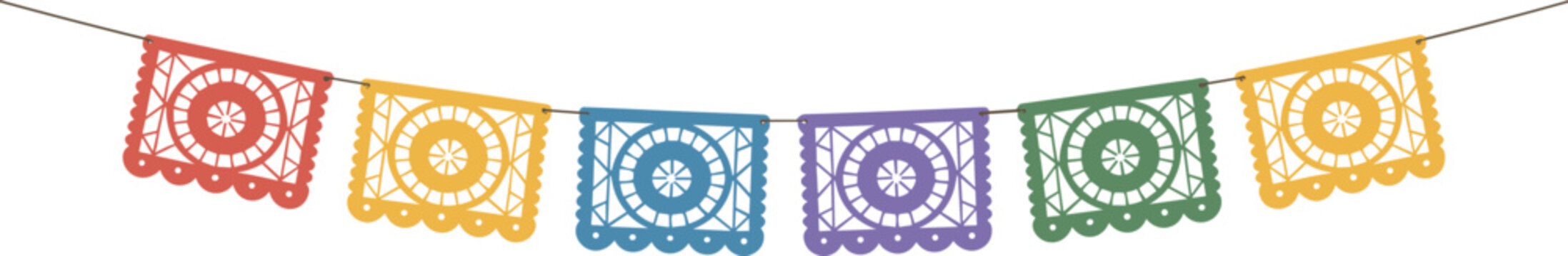 Mexican papel picado banner with colorful cut out paper flags hanging on a string isolated on a plain white background for festive holiday celebrations.