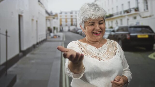 Woman senior plus size grey hair smiles and extends outstretched hand toward camera on residential street beside parked car; warmth invitation.