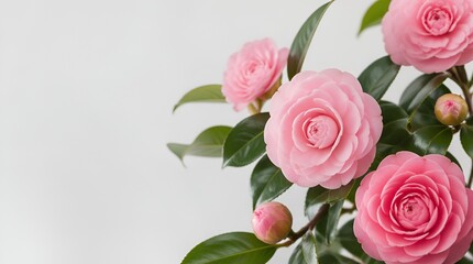 Fototapeta premium Vibrant pink camellia flowers blooming beautifully on a branch with fresh green leaves against a clean white background, showcasing delicate petals and new buds.