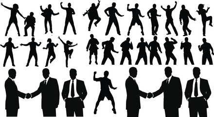 Fototapeta premium Silhouettes of people in dynamic movements, dancing, jumping, running, alongside business professionals in suits, symbolizing energy, teamwork, and professionalism