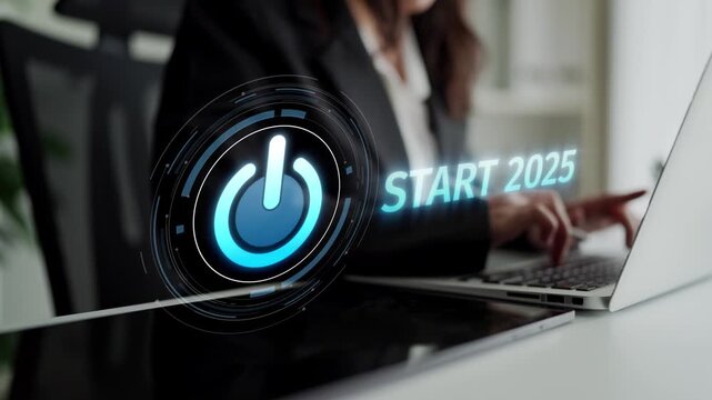 Start 2025 concept with futuristic power button symbolizing fresh beginnings, innovation, and digital transformation. Start 2025, new goals, and start 2025 initiative. Muxer