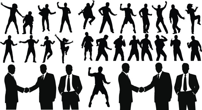 Silhouettes of people in dynamic movements, dancing, jumping, running, alongside business professionals in suits, symbolizing energy, teamwork, and professionalism