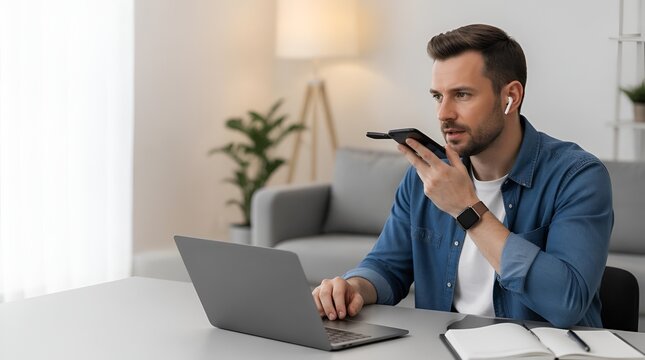 Young man dictating voice message into smartphone with wireless earbud, working on laptop in modern home office, highlighting remote productivity.