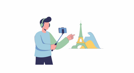 Fototapeta premium Traveler with selfie stick and headphones pointing at Eiffel Tower landmark.