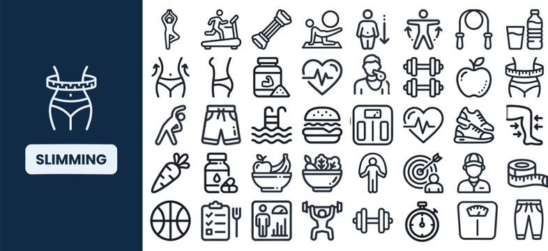 Slimming and Weight Loss outline icon set. Featuring diet, scale, fitness, measurement, and body shape symbols. Editable stroke vector icons for wellness program and healthy lifestyle.