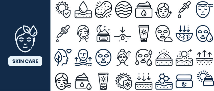 Skin Care and Cosmetic outline icon set. Featuring serum, cream, mask, cleanser, and moisturizer symbols. Editable stroke vector icons for beauty product and dermatology clinic design.