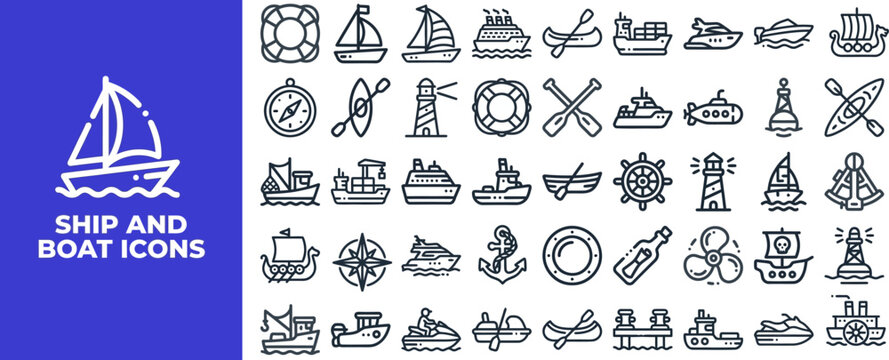 Ship and Boat Marine outline icon set. Featuring sailboat, anchor, yacht, ferry, and cargo ship symbols. Editable stroke vector icons for nautical industry and maritime travel design.
