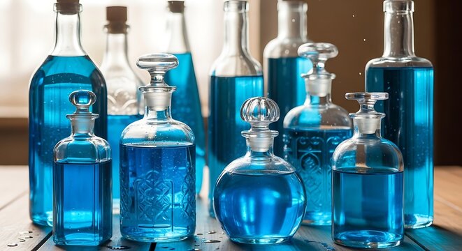 Collection of vintage glass bottles filled with vibrant blue liquid on a wooden surface, apothecary style potion containers with decorative stoppers