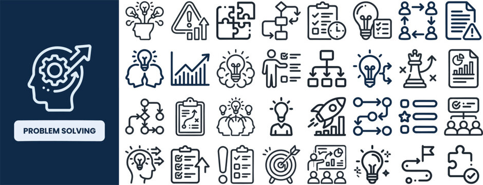 Problem Solving and Solution outline icon set. Featuring brainstorm, idea, analysis, decision, and innovation symbols. Editable stroke vector icons for business challenge and critical thinking.