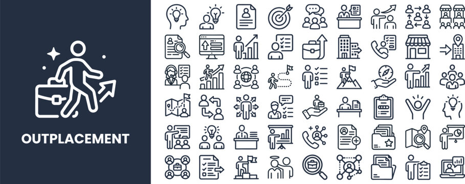 Outplacement and Career Transition outline icon set. Featuring layoff, support, retraining, job hunt, and resume symbols. Editable stroke vector icons for HR transition and career coaching.
