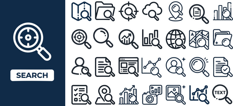 Search and Magnifier Discovery outline icon set. Featuring find, lens, zoom, explore, and query symbols. Editable stroke vector icons for search engine and discovery interface design.