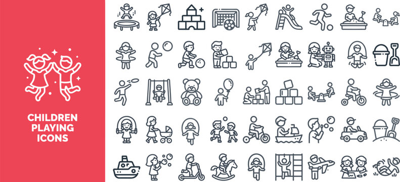 Children Playing and Kid Activity outline icon set. Featuring playground, toy, jumping, running, and fun symbols. Editable stroke vector icons for childcare program and family recreation.