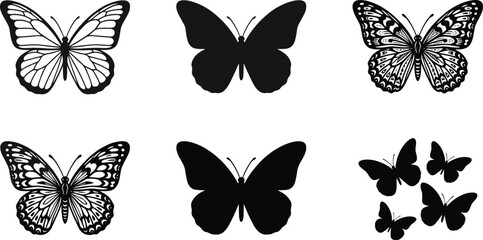 Butterfly silhouette and detailed wing vector set with flying insect designs for decorative nature graphics © MdSumon