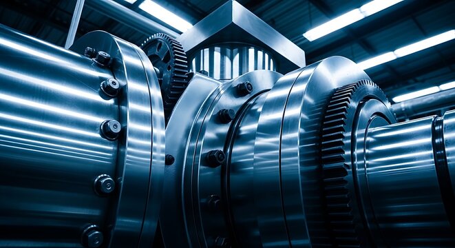 Closeup of heavy industrial machinery in a factory setting, featuring large metal gears, shafts, and bolted flanges with a cool blue metallic finish and lighting