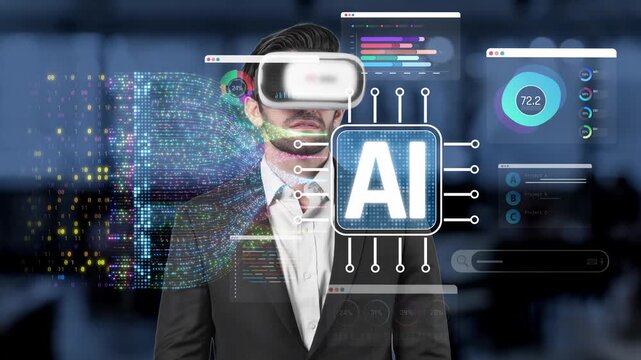 Businessman Experiencing Virtual Reality Technology with Artificial Intelligence Interface and Data Visualizations in Modern Office Setting Sigmoid