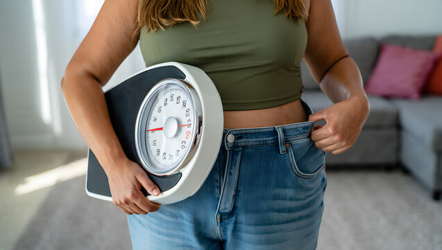 Woman holding scale showing weight loss with loose jeans
