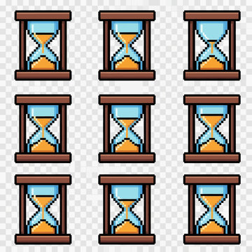 Pixel art hourglass icons showing different stages of sand flowing, arranged in a grid on a transparent background, symbolizing time passing.