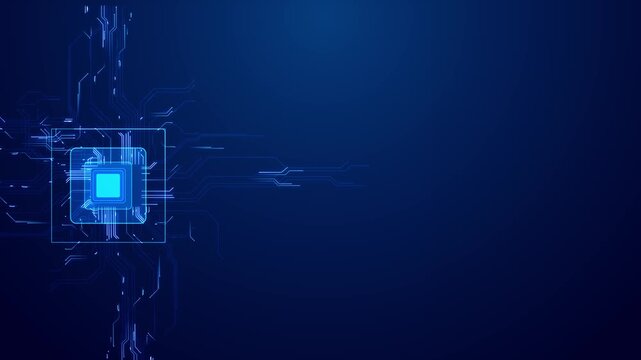 Blue tech chip copy space glowing circuit paths on the left, dark clean area on the right, futuristic electronic design. AI videos, processor promos, software ads, cyber visuals, tech presentations.