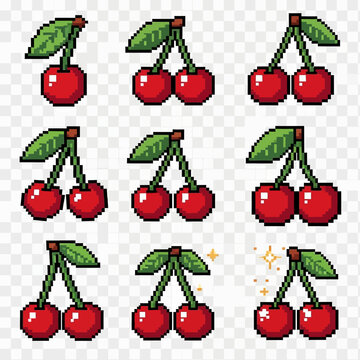 Pixel art cherries set with various styles and arrangements on a transparent background, featuring red fruit with green stems and leaves.