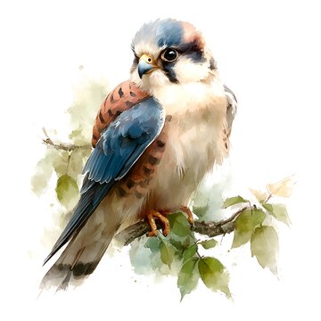 A beautiful watercolor painting of an adult male nankeen kestrel perched on a leafy branch against a soft, isolated white background image.