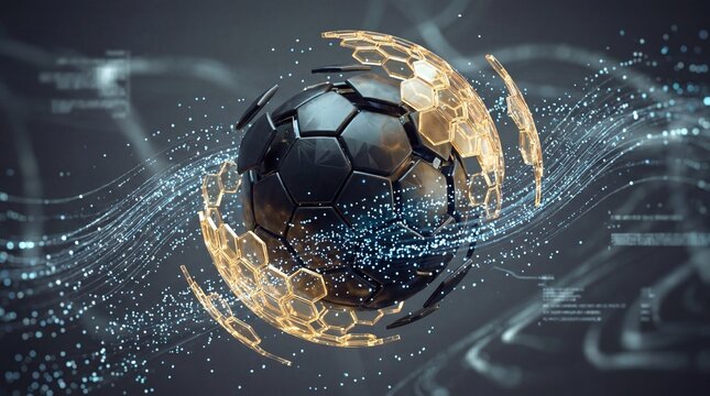 Soccer ball with glowing gold hexagonal patterns and dynamic light trails on dark background with futuristic digital elements