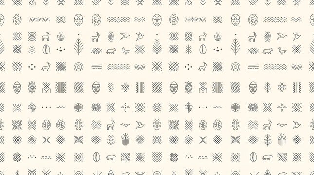 Minimalist African Tribal Seamless Pattern with Traditional Hand Drawn Geometric Ethnic Symbols