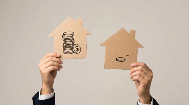 Economic disparity, housing inequality, wealth gap, real estate, financial crisis, poverty, prosperity concept with hands holding cardboard houses to show property market divide.