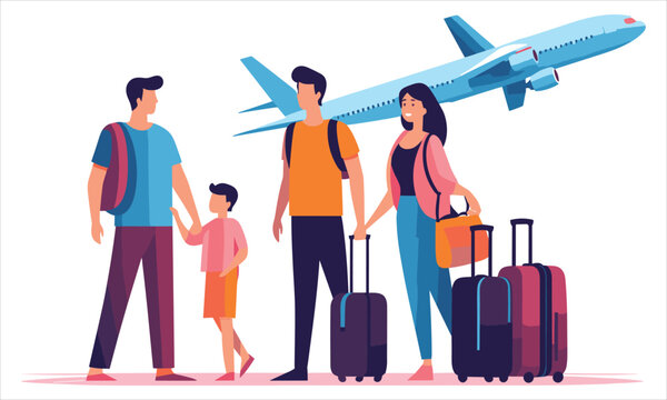 Group of travelers with suitcases waiting for airplane boarding at airport terminal, travel and tourism concept