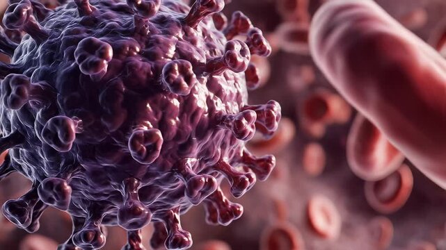 Microscopic view of a dangerous virus particle infecting red blood cells.