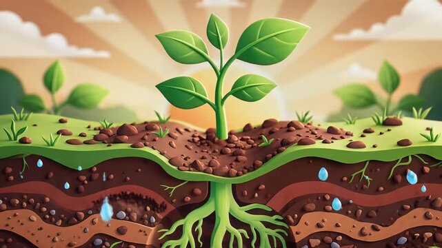 Cross section of soil showing plant roots and earthworm growth cycle.