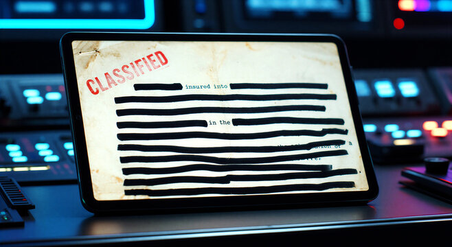 Digital tablet displaying a redacted classified document with sensitive information hidden in black ink