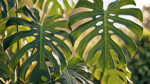 Closeup of lush green Monstera deliciosa leaves with natural sunlight filtering through.