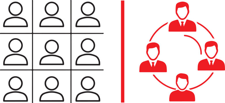 Vector icons depicting individual users and a connected team network. Representing concepts of user profiles, group collaboration, and organizational structure