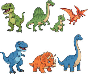 Vector Set of Cute Dinosaurs Including T-Rex, Triceratops, Brontosaurus, and Pterodactyl for Kids, Education, and Illustration Projects © MDEsmayil