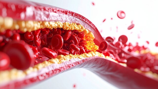 Microscopic view of an artery wall with significant fatty deposits and red blood cells. Ideal for explaining atherosclerosis, heart attack risks, and medical research on vascular health.