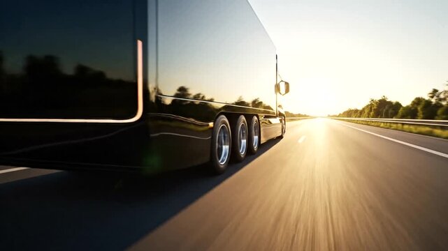 Modern Black Semi Truck Driving on Highway at Sunset.