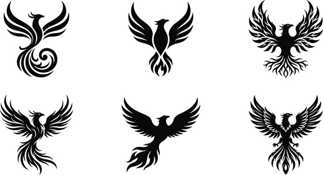 Phoenix bird silhouette set with ornate wings firebird logos and mythical emblem vector collection