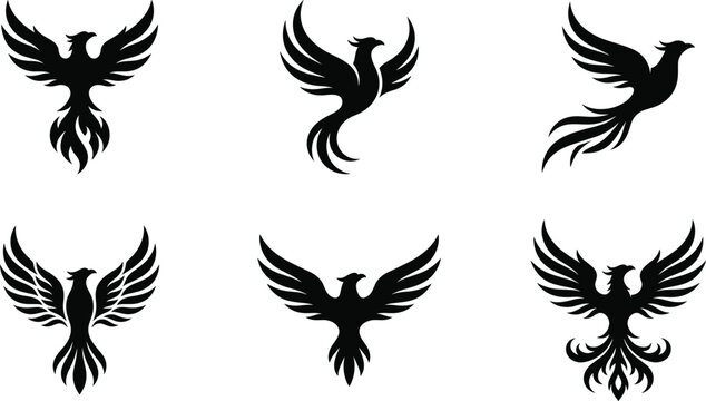 Phoenix bird silhouette set with wings spread abstract firebird logos and flying emblem designs