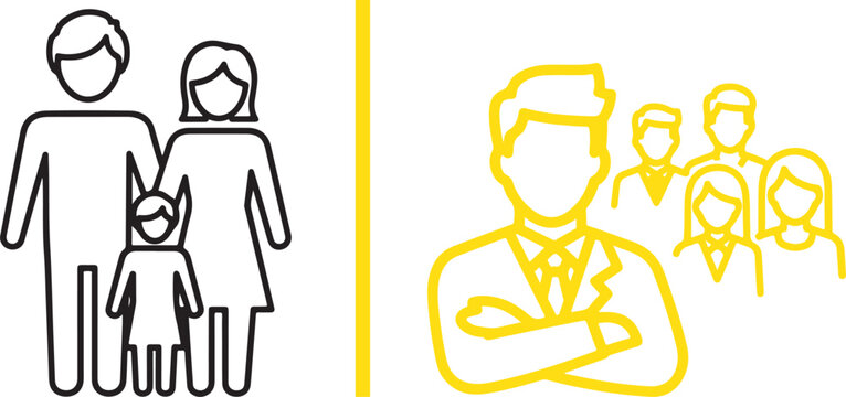 Vector icon comparing family and business teams. Representing social structures, corporate organization, and demographic concepts.