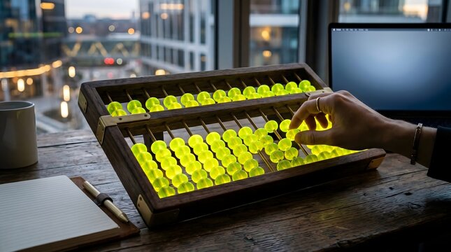 A human hand manipulates an illuminated yellow abacus, a vivid metaphor for the seamless integration of traditional wisdom and futuristic financial logic in a modern digital era.