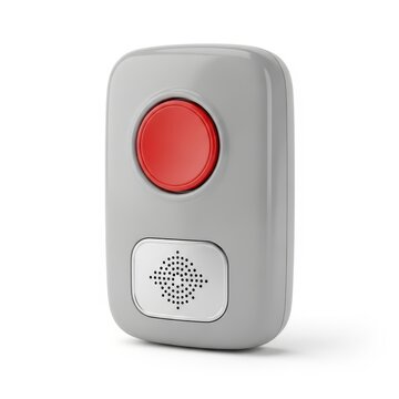 Grey medical alert system pendant with red button isolated on white background