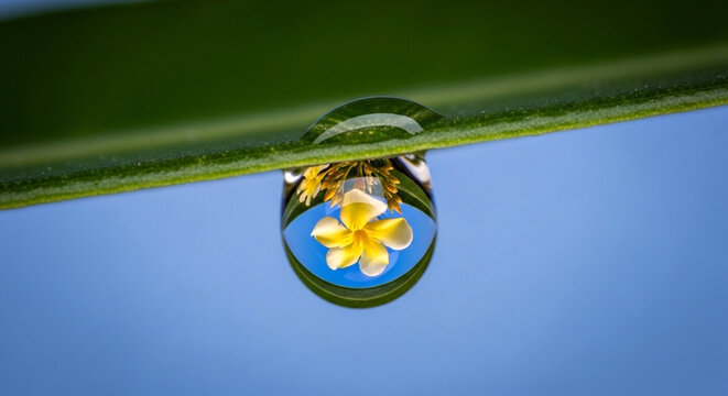 Macro photography of a water droplet on a green leaf with a refracted yellow plumeria flower against a blue sky