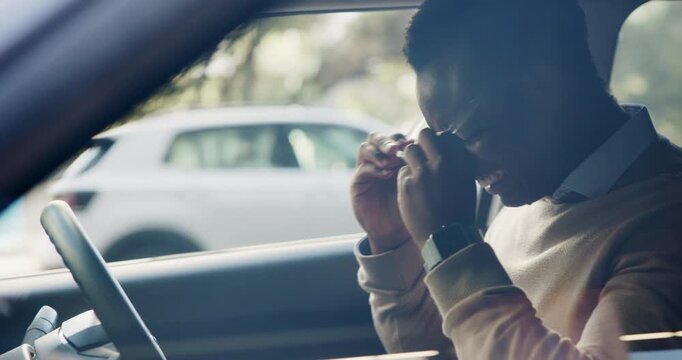 Angry, black man and car with stress in parking lot for bad news, poor mistake or regret. Frustrated, male person or aggressive driver with steering wheel in anger for traffic or road rage in city