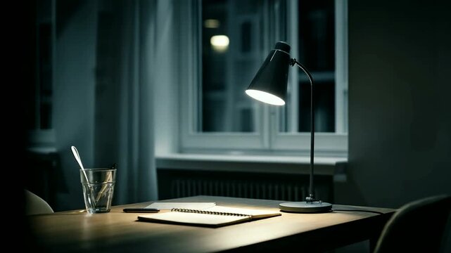 Cozy desk setup with lamp and window view at night