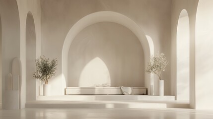 Fototapeta premium Elegant Minimalist Interior: Arched Architecture, Soft Natural Light, Serene Beige Tones & Potted Greenery