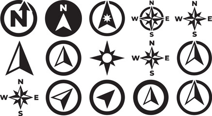 Compass icons set showing north and cardinal directions with navigation arrows for map interface design or global travel geography tracking isolated on a white background © Ajoy