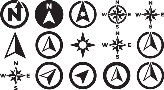 Compass icons set showing north and cardinal directions with navigation arrows for map interface design or global travel geography tracking isolated on a white background