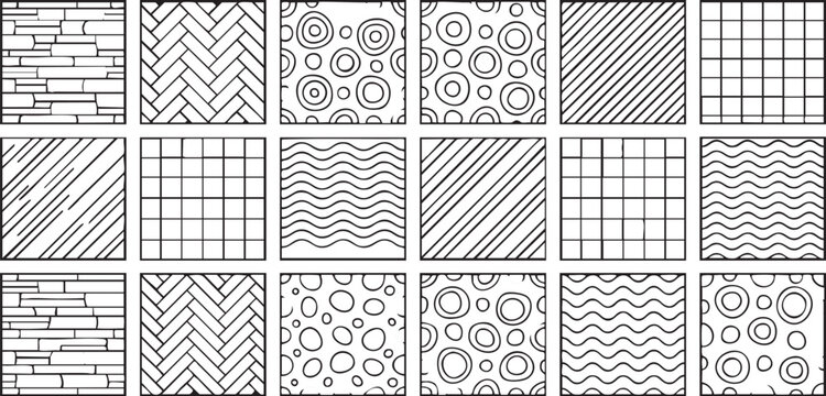 Geometric pattern collection featuring diverse hand drawn monochrome shapes including squares circles waves and stone textures arranged in a grid for professional graphic design projects